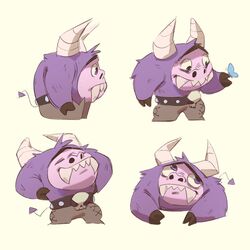  1:1 ambiguous_gender anthro bovid bovine cartoon_network clothing eduardo_(fhfif) expression_sheet feral foster&#039;s_home_for_imaginary_friends fur hi_res horn imaginary_friend male mammal monster nyuudles purple_body purple_fur simple_background solo teeth white_background 