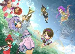  6+girls architecture blonde_hair blue_eyes brown_hair castle chamaji collared_shirt commentary_request drum east_asian_architecture floating_hair forest grey_hair hat highres hitodama horikawa_raiko instrument jacket low_twintails lunasa_prismriver lyrica_prismriver merlin_prismriver multiple_girls musical_note nature one_eye_closed outdoors piano purple_eyes purple_hair red_eyes red_hair shining_needle_castle shirt shoes short_hair skirt socks touhou trumpet tsukumo_benben tsukumo_yatsuhashi twintails vest violin 