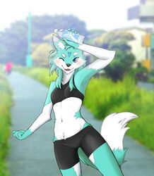  2019 absurd_res anthro athletic_wear black_nose blue_eyes blush bottle bottomwear bra breasts canid canine canis clothed clothing container female fur grass green_body green_fur hi_res mammal midriff miu_(xan) navel one_eye_closed open_mouth outside photo_background photography_(artwork) plant shorts sky small_breasts solo spandex spandex_shorts sports_bra tight_bottomwear tight_clothing tight_shorts tree underwear water white_body white_fur wolf xan_(pixiv) 