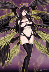  angel_wings aura bird_wings black_hair black_wings breasts chinese_commentary cleavage commentary dark_halo double_halo feathered_wings female gloves halo high_school_dxd highres large_breasts long_hair multiple_wings open_mouth photoshop_(medium) purple_background raynare red_eyes revealing_clothes shoulder_spikes smile solo spikes thighhighs wings yellow_wings yxyyxy 