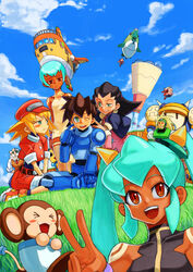  aqua_hair bare_shoulders barrell_caskett_(mega_man) bike_shorts bike_shorts_under_shorts blonde_hair bon_bonne_(mega_man) breasts brown_gloves cabbie_hat closed_mouth commentary_request cropped_jacket dark_skin data_(mega_man) earrings flutter_(mega_man) gloves green_eyes green_hair hair_pulled_back hair_slicked_back hairband harem hat jacket jewelry long_hair mega_man_(series) mega_man_legends_(series) mega_man_legends_2 mega_man_volnutt monkey multiple_boys multiple_girls nib_pen_(medium) pink_hairband red_eyes red_headwear red_jacket red_shorts roll_caskett_(mega_man) sera_(mega_man) servbot_(mega_man) short_hair shorts smile straight teisel_bonne_(mega_man) thighhighs traditional_media tron_bonne_(mega_man) tsunemi_aosa twintails yuna_(mega_man) 