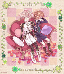  2boys armor blonde_hair boots brown_eyes brown_hair clover commentary_request couch cross-laced_footwear four-leaf_clover gotou_toushirou japanese_armor lace-up_boots male_focus military military_uniform monoyoshi_sadamune multicolored_hair multiple_boys necktie pantyhose pantyhose_under_shorts pillow ponac print_pantyhose shorts shoulder_armor sitting smile sode streaked_hair touken_ranbu uniform yellow_eyes 