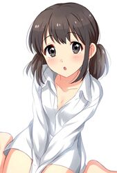  :o barefoot between_legs blush brown_eyes brown_hair commentary female hand_between_legs highres katayama_minami looking_at_viewer low_twintails naked_shirt sekina shirt short_hair simple_background sitting solo twintails wake_up_girls! wariza white_background 