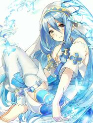  age_regression aged_down aone_hiiro azura_(fire_emblem) barefoot blue_hair blush commentary_request dress elbow_gloves female fire_emblem fire_emblem_fates fire_emblem_heroes gloves hair_between_eyes hairband jewelry long_hair looking_at_viewer simple_background smile solo veil very_long_hair water yellow_eyes 