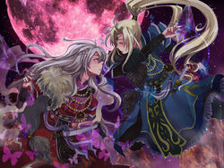  2boys arm_guards backlighting bad_proportions belt blonde_hair blue_(saga_frontier) blue_eyes bug butterfly commentary_request dagger em_crazy expressionless eye_contact fur_collar fur_trim jewelry knife long_hair looking_at_another magic male_focus moon multiple_boys necklace night night_sky ponytail profile red_eyes red_moon rouge_(saga_frontier) saga saga_frontier scarf sheath sheathed siblings sky sparkle tabard twins weapon white_hair 