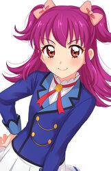  absurdres aikatsu! aikatsu!_(series) bad_id bad_pixiv_id blue_jacket blush bow brown_eyes closed_mouth commentary_request female hairbow hand_on_own_hip highres jacket long_hair long_sleeves looking_at_viewer minowa_hikari neck_ribbon pink_bow pleated_skirt purple_hair red_ribbon ribbon school_uniform sekina shirt simple_background skirt smile solo starlight_academy_school_uniform two_side_up upper_body white_background white_shirt white_skirt 