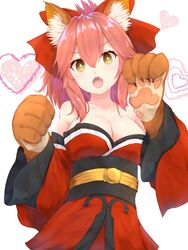  @_@ animal_ear_fluff animal_ears animal_hands bare_shoulders breasts cat_paws cleavage collarbone commentary_request fangs fate/grand_order fate_(series) female fox_ears fox_girl fox_tail gloves hair_ribbon heart highres large_breasts paw_gloves pink_hair ponytail red_ribbon reuri_(tjux4555) ribbon simple_background solo tail tamamo_(fate) tamamo_cat_(fate) tamamo_cat_(first_ascension)_(fate) white_background yellow_eyes 