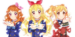  3girls aikatsu! aikatsu!_(series) aikatsu_stars! bad_id bad_pixiv_id black_bow blonde_hair blue_jacket blush bow brown_eyes brown_hair closed_mouth commentary_request eyelashes gradient_hair hairband hairbow hands_up highres hoshimiya_ichigo jacket long_hair long_sleeves looking_at_viewer multicolored_hair multiple_girls neck_ribbon nijino_yume ozora_akari petals pink_bow pink_eyes pink_hair red_eyes red_jacket red_ribbon ribbon s4_uniform school_uniform sekina short_hair simple_background smile starlight_academy_school_uniform twintails uniform white_background 