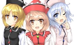  3girls :d ;d blonde_hair blue_eyes blue_hair brown_eyes commentary_request finger_to_cheek hat light_brown_hair long_sleeves looking_at_viewer lunasa_prismriver lyrica_prismriver merlin_prismriver multiple_girls one_eye_closed open_mouth pechimaru siblings simple_background sisters smile touhou upper_body vest white_background yellow_eyes 