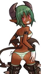  ass back bandeau bare_arms bare_shoulders black_tail black_wings breasts commentary_request cowboy_shot dark-skinned_female dark_skin demon_girl demon_horns demon_tail demon_wings dimples_of_venus female from_behind garoudo_(kadouhan&#039;i) gloves green_hair grey_horns grin hand_on_own_hip horns legs_apart looking_at_viewer looking_back low_wings lowleg lowleg_panties open_mouth original panties petite pointy_ears red_eyes sharp_teeth shiny_skin short_hair shoulder_blades side-tie_panties simple_background slit_pupils small_breasts smile solo spikes standing striped_clothes striped_panties tail teeth thick_eyebrows thighhighs underwear v-shaped_eyebrows white_background white_gloves wings 