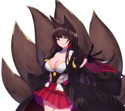  akagi_(azur_lane) animal_ear_fluff animal_ears azur_lane black_gloves black_kimono blunt_bangs breasts cleavage clothes_lift collarbone commentary cowboy_shot female fox_ears fox_girl fox_tail gloves hair_tubes hakama hakama_short_skirt hakama_skirt highres japanese_clothes kaiend kimono kitsune large_breasts long_hair miniskirt multiple_tails obi outstretched_arm parted_lips partially_fingerless_gloves red_eyes red_skirt ribbon-trimmed_sleeves ribbon_trim sash shirt simple_background skirt skirt_lift smile solo tail underbust very_long_hair white_background white_shirt wide_sleeves wind wind_lift 