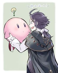  1boy ? blush brown_hair cape commentary_request crossover cyrus_albright gloves jewelry kirby kirby_(series) long_hair oboro_keisuke octopath_traveler octopath_traveler_i open_mouth ponytail simple_background smile translation_request 