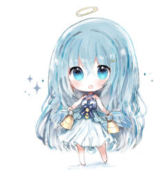  :d angel bad_id bad_pixiv_id bare_arms bare_shoulders barefoot bell bellringer_angel blue_bow blue_eyes blue_hair blue_wings blush bow chibi commentary_request cottontailtokki criss-cross_halter dress feathered_wings female full_body hair_between_eyes hair_ornament hairclip halo halterneck head_tilt heart holding holding_bell long_hair open_mouth pleated_dress shadowverse smile solo sparkle standing striped striped_bow very_long_hair white_background white_dress wings 