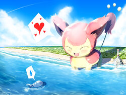  :d ^_^ animal artist_name beach blue_sky blush city closed_eyes cloud cloudy_sky commentary couple day english_commentary eye_contact feline heart hellknight10 looking_at_another no_humans ocean open_mouth outdoors oversized_animal partially_submerged photoshop_(medium) pokemon pokemon_(creature) role_reversal shadow signature size_difference skitty sky smile spoken_heart spoken_sweatdrop sweatdrop tower wailord water watermark waves web_address 