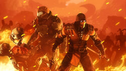  2boys 3d armor assault_visor bad_deviantart_id bad_id baron_of_hell cacodemon chains commentary crossover dark_skin demon doom_(2016) doom_(series) doomguy english_commentary fire gloves gun hanzo_hasashi hell helmet highres holding holding_weapon horns imp_(doom) manly mask monster mortal_kombat_(series) mortal_kombat_x multiple_boys muscular ninja personification photoshop_(medium) praetor_suit revenant_(doom) scorpion_(mortal_kombat) skeleton spikes sword teeth weapon 