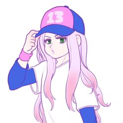  13-amp :o baseball_cap commentary_request eyelashes female gradient_hair green_eyes hat lips long_hair looking_at_viewer maaya_(ayahara1987) multicolored_hair parted_lips simple_background solo uneven_eyes very_long_hair warioware white_background wristband 