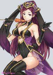  alternate_costume bare_shoulders black_gloves black_leotard braid breasts carrot cleavage closed_mouth commentary earrings female fire_emblem fire_emblem_heroes food ge-b gloves grey_background hair_ornament hat highres holding holding_food jewelry large_breasts leotard lips loki_(fire_emblem) loki_(spring)_(fire_emblem) long_hair looking_at_viewer purple_eyes purple_hair smile solo thighhighs thighs 