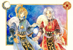  2boys blonde_hair blue_(saga_frontier) blue_eyes commentary_request headband jewelry magic male_focus multiple_boys necklace photoshop_(medium) ponytail red_eyes robe rouge_(saga_frontier) saga saga_frontier sheath sheathed shiroma_(mamiko) siblings standing twins white_hair 