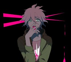  black_background blood danganronpa hood hooded_jacket jacket komaeda_nagito male_focus open_mouth shirt super_danganronpa_2 tongue tongue_out white_hair 