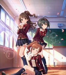  3girls ahoge black_hair blush bow brown_hair envelope hair_ribbon hairband highres idolmaster idolmaster_cinderella_girls idolmaster_cinderella_girls_starlight_stage igarashi_kyoko kohinata_miho long_hair looking_at_viewer love_letter_(idolmaster) multiple_girls official_art one_eye_closed one_side_up petals pink_check_school_(idolmaster) plaid plaid_skirt ribbon school_uniform shimamura_uzuki short_hair side_ponytail skirt smile window 