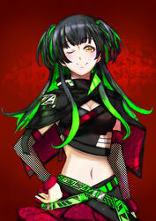  belt black_hair blunt_bangs breasts brown_eyes capelet cleavage commentary_request cowboy_shot crop_top female green_hair hand_on_own_hip highres idolmaster idolmaster_shiny_colors kaoru348 long_hair looking_at_viewer mayuzumi_fuyuko medium_breasts midriff multicolored_hair navel neonlight_romancer_(idolmaster) one_eye_closed red_background skirt smile solo standing two-tone_hair two_side_up 