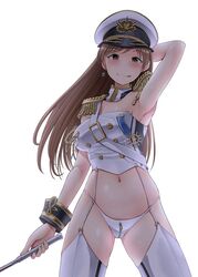  :p adapted_costume aiguillette arm_up armpits arms_behind_head breasts brown_eyes brown_hair commentary_request dominatrix earrings epaulettes female garter_straps hat idolmaster idolmaster_cinderella_girls idolmaster_cinderella_girls_starlight_stage jewelry large_breasts long_hair looking_at_viewer military military_hat military_uniform naval_uniform navel nitta_minami peaked_cap riding_crop seizon_honnou_valkyria_(idolmaster) simple_background solo takemasa thighhighs tongue tongue_out uniform 