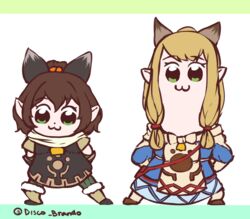  2girls :3 bkub_(style) blonde_hair bow brown_hair chibi closed_mouth commentary contrapposto disco_brando duplicate fur_trim green_eyes hairbow highres looking_at_viewer meowstress milsee monster_hunter_(series) monster_hunter_x monster_hunter_xx multiple_girls parody pixel-perfect_duplicate ponytail poptepipic poptepipic_pose robe standing twitter_username white_background 