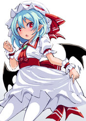  ascot bat_wings blue_eyes blue_hair blush breasts brooch clenched_hand commentary_request feet_out_of_frame female gradient_background grey_background hair_between_eyes hand_up hat hat_ribbon jewelry looking_at_viewer medium_breasts oerba_yun_fang opanchu_(hakusen) open_mouth pantyhose pointy_ears puffy_short_sleeves puffy_sleeves red_ascot red_ribbon red_sash remilia_scarlet ribbon sash short_hair short_sleeves skirt_hold solo sweat touhou white_background white_hat white_pantyhose wings wrist_cuffs 