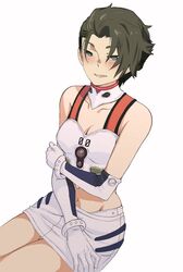  1boy ayanami_rei ayanami_rei_(cosplay) bangs bare_shoulders bracelet breasts brown_hair cleavage collar collarbone cosplay cowboy_shot darling_in_the_franxx elbow_gloves evangelion:_1.0_you_are_(not)_alone evangelion:_2.0_you_can_(not)_advance evangelion:_3.0_you_can_(not)_redo genderswap_(mtf) gloves green_eyes hand_on_own_arm hand_on_own_leg jewelry looking_at_viewer male_focus midriff mitsuru_(darling_in_the_franxx) navel neon_genesis_evangelion rebuild_of_evangelion rule_63 shirtless short_hair skirt small_breasts solo stomach tank_top temodemo_nor thighs white_collar white_gloves white_skirt 