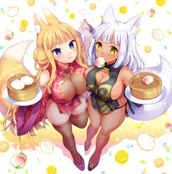  2girls animal_ear_fluff animal_ears bamboo_steamer baozi bare_shoulders black_dress black_panties blonde_hair blue_eyes blunt_bangs blush braid breasts bridal_gauntlets brown_legwear china_dress chinese_clothes cleavage cleavage_cutout closed_mouth clothing_cutout commentary_request detached_sleeves double_bun dragon_print dress floral_print food fox_ears fox_tail full_body grey_hair hair_bun highres holding japanese_clothes large_breasts lips long_hair looking_at_viewer miyano_ururu mouth_hold multiple_girls original panties red_dress short_dress side-tie_panties side_slit single_hair_bun skindentation smile tail thighhighs thighs twin_braids underwear very_long_hair wide_sleeves yellow_eyes 