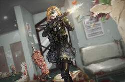  8chan aiming ar-15 bench black_legwear black_shirt black_skirt black_sun_(symbol) blonde_hair blood bloodshot_eyes blue_eyes blurry blurry_background blurry_foreground brenton_tarrant cable camera camouflage car clothes_writing commentary_request cross depth_of_field door dutch_angle feet_out_of_frame female finger_on_trigger fingerless_gloves firing flak_jacket food gloves green_gloves gun half-closed_eyes headband highres holding holding_gun holding_weapon indoors jacket kebab knee_pads lolipantherwww long_sleeves magazine_(weapon) meat meme mid-stride miniskirt motor_vehicle muzzle_flash new_zealand one_eye_closed pantyhose paper parody petticoat photoshop_(medium) pouch racism real_life rifle scope serbia_strong shawarma shell_casing shirt skirt smoke solo_focus terrorism terrorist thigh_pouch thigh_strap vertical_rotisserie video_camera violence weapon wrap_(food) 