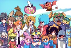  18-volt 5-volt 9-volt afro ahoge ana_(warioware) ashley_(warioware) big_nose black_hair blue_hair blue_sky bow brown_eyes brown_hair canine clenched_hand closed_eyes cloud commentary_request demon dr._crygor dribble_(warioware) everyone feline fronk gloves goggles goggles_on_head grey_gloves grey_hair grin hairbow hands_up helmet herunia_kokuoji heterochromatic_eyewear heterochromia highres jimmy_t kat_(warioware) long_hair looking_at_viewer lulu_(warioware) master_mantis mike_(warioware) mona_(warioware) orange_hair orbulon outdoors penny_crygor pink_bow pink_hair red_(warioware) red_eyes red_nose salute sky smile spitz standing sunglasses v wario warioware young_cricket 