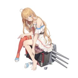  3; ahoge bandaid barefoot blue_eyes dress feet female full_body high_heels light_brown_hair long_hair northampton_(warship_girls_r) official_art one_eye_closed red_legwear rolling_suitcase shoe_removed shoes shoes_removed shuang_ye sidelocks single_shoe single_thighhigh sitting solo thighhighs toes transparent_background turret warship_girls_r white_dress 