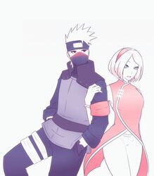  1boy black_headband female hatake_kakashi naruto naruto_(series) no_background pink_hair red_headband sakura_haruno white_hair 