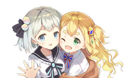  2girls :d ;d aliter black_bow black_ribbon black_sailor_collar blonde_hair blue_eyes blush bow breasts brown_jacket collarbone collared_shirt commentary_request cube_hair_ornament green_eyes grey_hair hair_ornament hair_ribbon hand_up jacket long_hair multiple_girls oerba_yun_fang off_shoulder one_eye_closed open_clothes open_jacket open_mouth original ribbon sailor_collar shirt short_eyebrows simple_background small_breasts smile striped striped_bow thick_eyebrows upper_body white_background white_shirt 