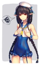  anette_(pso2) ass_visible_through_thighs bare_arms bare_shoulders beret black_hair blue_eyes blue_one-piece_swimsuit blue_sailor_collar blush border braid breast_conscious casual_one-piece_swimsuit closed_mouth commentary_request cowboy_shot crop_top female flat_chest frilled_one-piece_swimsuit frills frown garter_straps grey_background hair_ornament hairclip hands_on_own_chest hat highres long_hair looking_away looking_down munuu neckerchief one-piece_swimsuit outside_border phantasy_star phantasy_star_online_2 pointy_ears sailor_collar shirt sidelocks simple_background single_garter_strap sleeveless sleeveless_shirt solo speech_bubble spoken_squiggle squiggle swimsuit thighs twin_braids very_long_hair white_border white_hat white_shirt wrist_cuffs yellow_neckerchief 