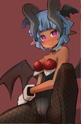  bare_arms bare_shoulders black_horns black_leotard black_pantyhose black_wings blue_hair blunt_bangs blunt_ends blush bow bowtie breasts cleavage closed_mouth commentary_request crotch_seam dark-skinned_female dark_skin demon_girl demon_horns demon_wings detached_collar dot_nose eyelashes female fishnet_pantyhose fishnets garoudo_(kadouhan&#039;i) gloves groin hand_on_own_hip head_wings highleg highleg_leotard horns knee_up leotard light_blue_hair looking_at_viewer medium_breasts multiple_wings original oversized_breast_cup pantyhose petite pointy_ears purple_eyes red_background red_bow red_bowtie short_hair sideboob simple_background sitting slit_pupils smile solo thick_eyebrows white_gloves wing_collar wings 