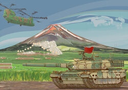  aircraft caterpillar_tracks ch-47_chinook cloud commentary_request day flag grass helicopter japan_ground_self-defense_force japan_self-defense_force meijou_inurou military military_vehicle motor_vehicle mount_fuji mountain no_humans outdoors sky tank type_10_(tank) vehicle_focus 