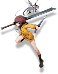  bare_legs blazblue:_cross_tag_battle brown_hair dual_wielding female holding knife linne purple_eyes solo sword thighs under_night_in-birth weapon yellow_hoodie 