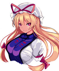  blonde_hair bow breasts bright_pupils commentary_request cropped_torso dress female hair_between_eyes hairbow hat hat_ribbon large_breasts long_hair long_sleeves looking_at_viewer mob_cap opanchu_(hakusen) red_bow red_eyes red_ribbon ribbon simple_background smile solo tabard touhou upper_body white_background white_dress white_hat white_pupils yakumo_yukari 