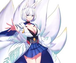  animal_ear_fluff animal_ears azur_lane black_shirt blue_fire blue_skirt blunt_bangs breasts cleavage commentary cowboy_shot female fire fox_ears fox_girl fox_tail hakama hakama_short_skirt hakama_skirt highres japanese_clothes kaga_(azur_lane) kaiend kimono kitsune large_breasts looking_at_viewer miniskirt multiple_tails outstretched_arm parted_lips pleated_skirt ribbon-trimmed_sleeves ribbon_trim shirt skirt smile solo tail white_background white_hair white_kimono white_shirt wide_sleeves 