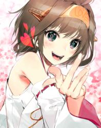  :d alternate_hairstyle bad_id bad_pixiv_id bare_shoulders black_eyes brown_hair detached_sleeves female headgear heart kantai_collection kodama_(wa-ka-me) kongou_(kancolle) looking_at_viewer nontraditional_miko open_mouth short_hair smile solo teeth twitter_username upper_body 