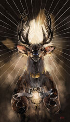  2015 2_fingers abstract_background anthro antlers biped black_horn blue_nose brown_body brown_eyes brown_face brown_fur brown_hands collar cross cross_necklace deer digital_media_(artwork) digital_painting_(artwork) ear_piercing ear_ring fingers front_view fur gold_(metal) half-length_portrait hooved_fingers hooves horn jewelry light looking_at_viewer male mammal monotone_body monotone_face monotone_fur monotone_hands monotone_horn necklace nude piercing portrait racoonwolf ring_piercing signature snout solo 