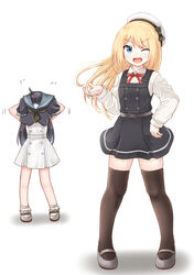  2girls ;d ahoge asashio_(kancolle) asashio_kai_ni_(kancolle) asashio_kai_ni_(kancolle)_(cosplay) black_hair black_thighhighs blonde_hair blue_eyes blue_sailor_collar comiching commentary_request cosplay costume_switch dress full_body grey_footwear hat highres jervis_(kancolle) jervis_(kancolle)_(cosplay) kantai_collection long_hair long_sleeves looking_at_viewer mary_janes multiple_girls one_eye_closed open_mouth pinafore_dress sailor_collar sailor_dress sailor_hat shirt shoes simple_background sleeveless sleeveless_dress smile thighhighs v-shaped_eyebrows white_background white_dress white_shirt 