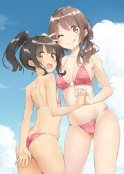  2girls ;q alternate_universe ass ass_visible_through_thighs bikini black_hair blue_sky blush breasts brown_eyes brown_hair cleavage_cutout clothing_cutout cloud collarbone commentary_request contrapposto covering_ass covering_privates cowboy_shot day flat_chest floral_print from_behind halterneck harukana_receive higa_kanata high_ponytail holding_hands interlocked_fingers kani_biimu long_hair looking_at_viewer looking_back low_twintails medium_breasts multiple_girls navel one_eye_closed oozora_haruka_(harukana_receive) open_mouth outdoors pink_bikini ponytail shoulder_blades sidelocks skindentation sky standing swimsuit tongue tongue_out twintails v-shaped_eyebrows v_over_eye yuri 