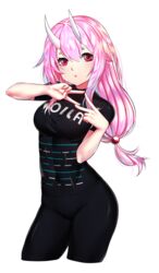  alternate_costume black_pants black_shirt breasts commentary contemporary contrapposto covered_navel cowboy_shot cropped_legs female hair_between_eyes hair_bobbles hair_ornament highres horns kaiend long_hair looking_at_viewer low-tied_long_hair medium_breasts official_art oni oni_horns pants pink_hair red_eyes shirt short_eyebrows short_sleeves shuna_(tensei_shitara_slime_datta_ken) simple_background skin_tight solo tensei_shitara_slime_datta_ken white_background 