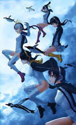  5girls animal arm_up arms_up bird black_footwear black_hair black_hoodie black_jacket blonde_hair boots breasts brown_eyes closed_mouth cloud commentary_request creature_and_personification cross-laced_footwear day drawstring emperor_penguin emperor_penguin_(kemono_friends) falling floating_hair from_side gentoo_penguin gentoo_penguin_(kemono_friends) gloves hair_over_one_eye hair_tie headphones highres hood hood_down hooded_jacket hoodie humboldt_penguin humboldt_penguin_(kemono_friends) jacket kemono_friends knee_boots kneehighs lace-up_boots leotard long_hair long_sleeves looking_away looking_down low_twintails medium_breasts miniskirt multicolored_hair multiple_girls open_clothes open_hoodie open_mouth outdoors outstretched_arms penguin penguins_performance_project_(kemono_friends) photoshop_(medium) pink_footwear pleated_skirt profile red_eyes red_hair rockhopper_penguin rockhopper_penguin_(kemono_friends) royal_penguin royal_penguin_(kemono_friends) short_hair sidelocks sion_(9117) skirt skirt_tug small_breasts smile socks streaked_hair thighhighs turtleneck twintails white_gloves white_hair white_jacket white_legwear white_leotard white_skirt wind yellow_footwear 