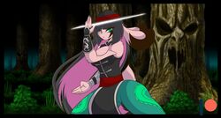  anthro big_breasts black_hair black_nose breasts clothed clothing cosplay facial_markings female floppy_ears fur green_eyes hair hare head_markings jazmin_usagi kung_lao lagomorph leporid long_ears long_hair looking_at_viewer mammal markings mastergodai mortal_kombat multicolored_hair pink_body pink_fur pink_hair plant rabbit rascals solo tree two_tone_hair 