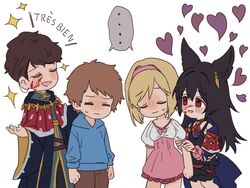  ... 2boys 2girls animal_ears black_hair blonde_hair blood blood_on_face blood_on_hands bow brown_hair chibi clenched_hands closed_eyes commentary djeeta_(granblue_fantasy) dress erune fighter_(granblue_fantasy) gran_(granblue_fantasy) granblue_fantasy heart highres hood hoodie lobelia_(granblue_fantasy) long_hair meron multiple_boys multiple_girls nier_(granblue_fantasy) pink_bow puffy_short_sleeves puffy_sleeves short_sleeves sparkle spoken_ellipsis sweatdrop trait_connection 