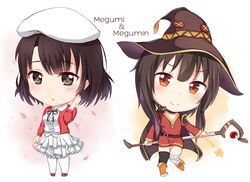  2girls bandaged_leg bandages beret brown_eyes brown_hair cape center_frills character_name chibi commentary_request crossover dress frills hat highres katou_megumi kono_subarashii_sekai_ni_shukufuku_wo! megumin multiple_girls name_connection photoshop_(medium) saenai_heroine_no_sodatekata short_hair short_hair_with_long_locks smile staff thighhighs tsukimiya_yuuko white_hat witch_hat zettai_ryouiki 